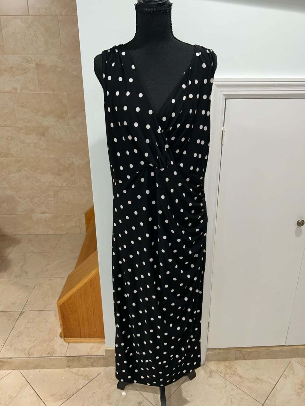 Lauren Ralph Lauren Black and White Polka Dot V-Neck Sleeveless Midi Dress